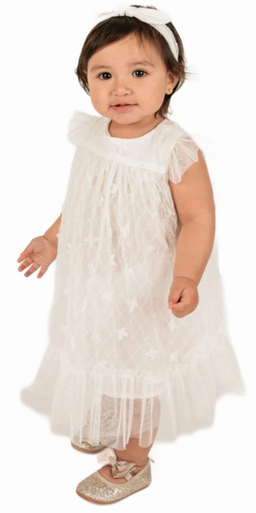 3D Floral Tulle Dress in White