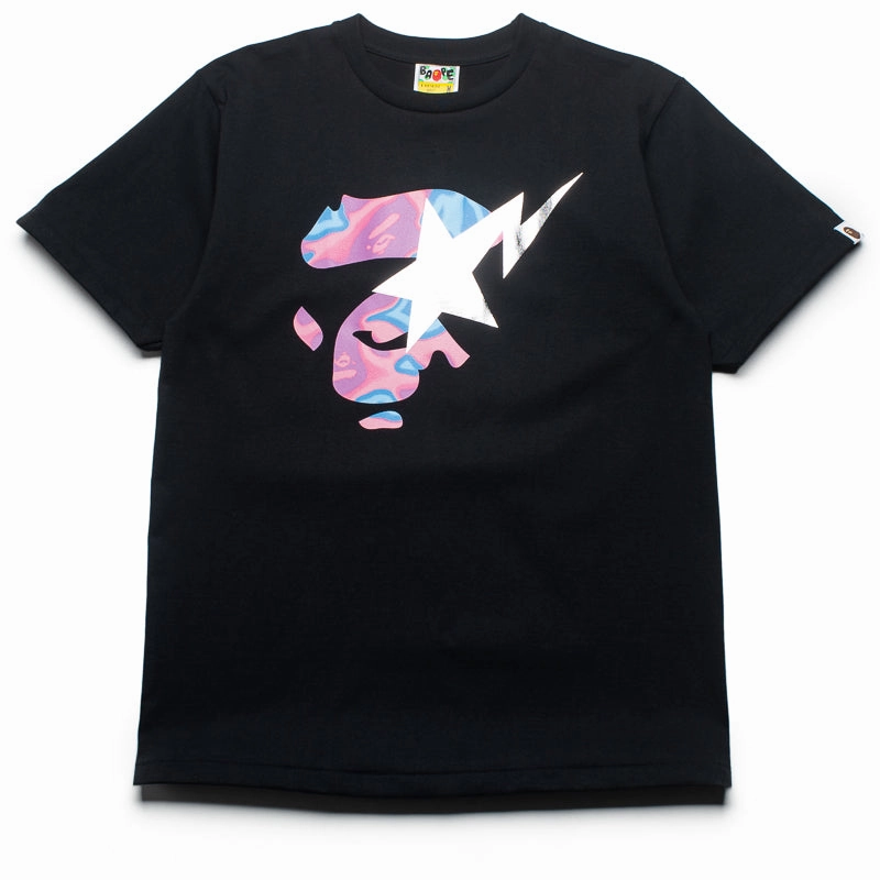 A Bathing Ape Liquid Camo Ape Face Sta Tee - Black/Pink WrinkleResistant Fabric