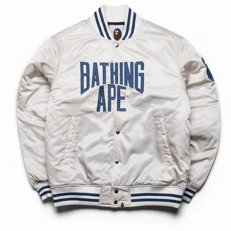 A Bathing Ape Solid Camo NYC Logo Varsity Jacket - Ivory Universal Clasp Mechanism Chic Jacket