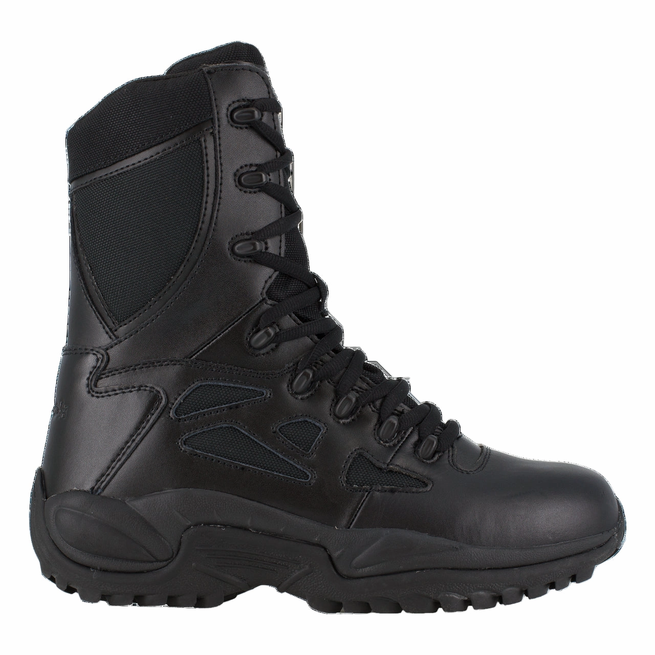 Reebok Work Rapid Response RB RB8875 Men's 8" Stealth Boot with Side Zipper in Black Elastic Ankle Collar