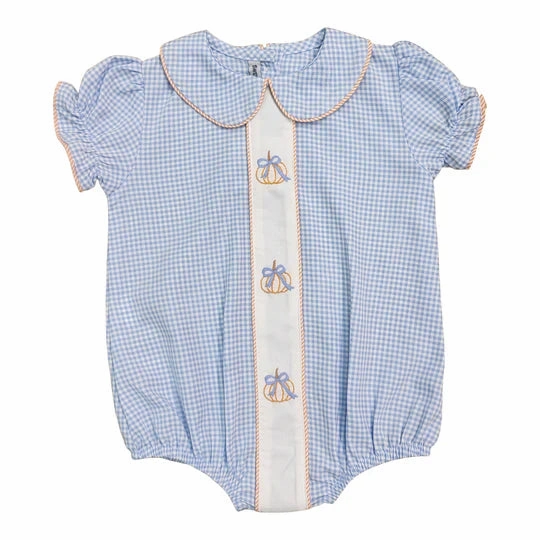 Practical Shorts Blue Gingham Embroidered Pumpkin Bow Bubble