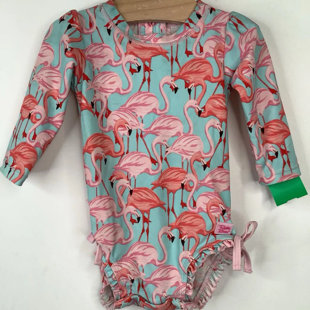 Size 6-12m: Ruffle Butts Blue Flamingo Print 1pc Swimsuit Trendy-Design Coastal Relaxation