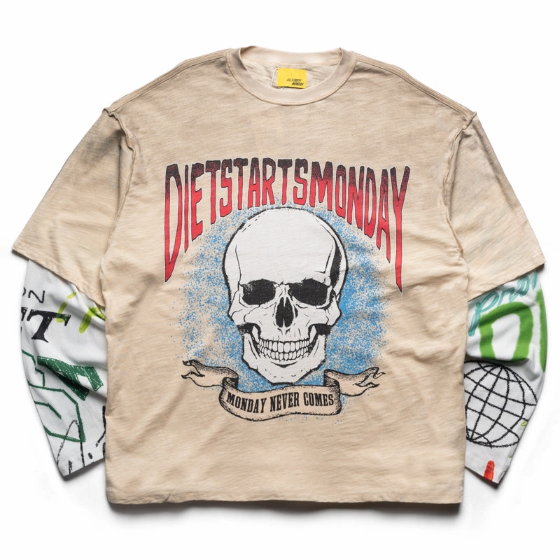 FadeResistantColors Washable fabric Diet Starts Monday Double Layer Skull L/S Tee - Antique White/Multi