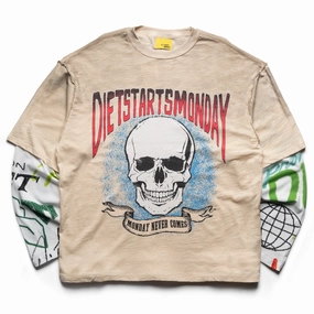 FadeResistantColors Washable fabric Diet Starts Monday Double Layer Skull L/S Tee - Antique White/Multi