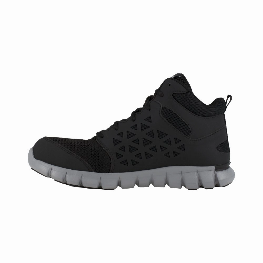 Reebok Sublite Cushion Work Athletic Mid Cut Men's Alloy Toe Rb4141 In Black Sock Like Cuff Design Contoured Footbeds