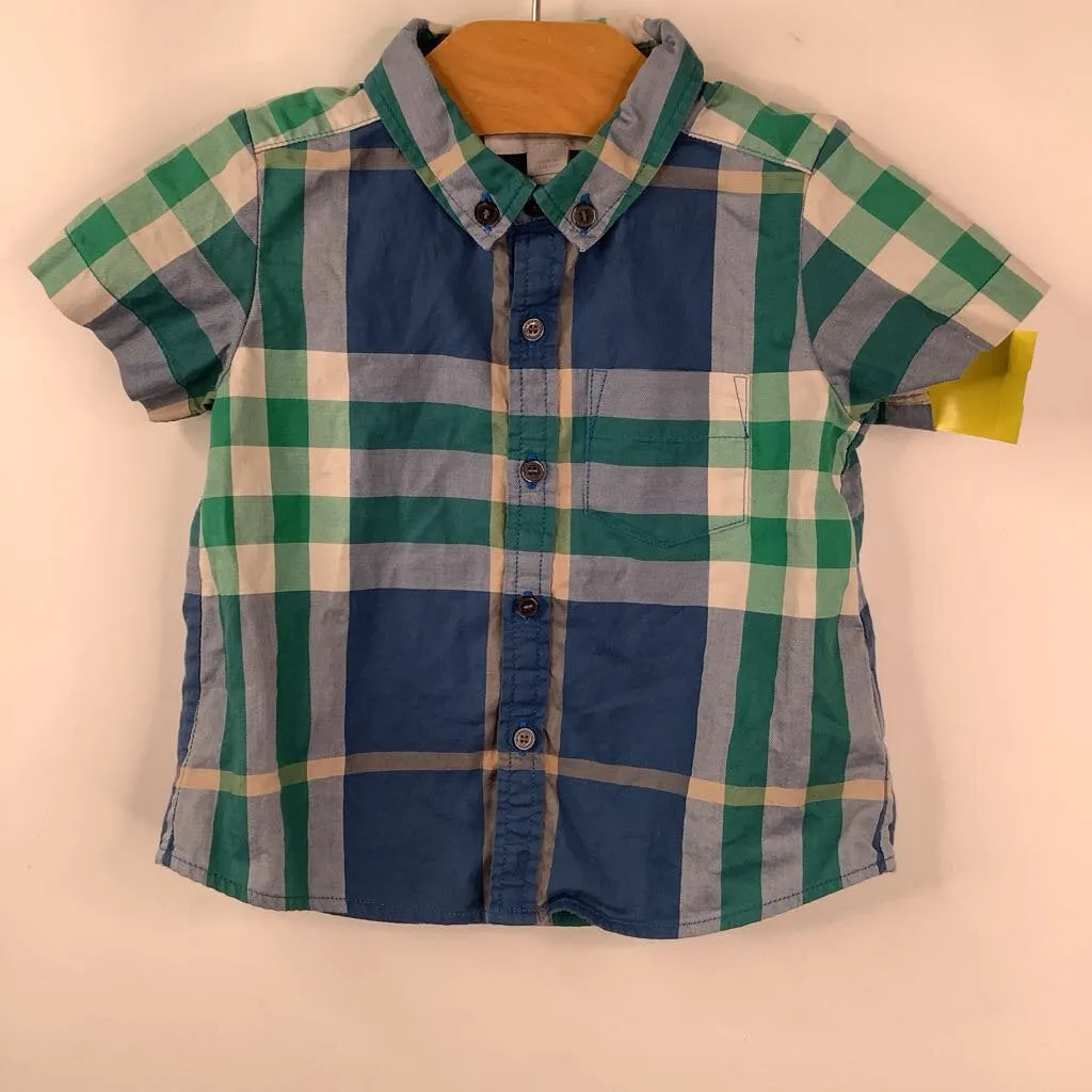 Easy Care Material COLLECTIONS CORNER Size 12m: Burberry Green Blue White Plaid Button Up Short Sleeve Oxford