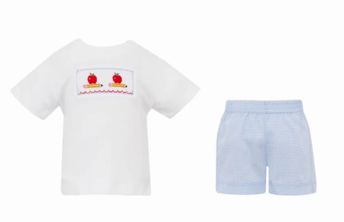 Apples & Pencils Boy's Short Set | Lt Blue Gingham Trendy Outerwear Leader Core