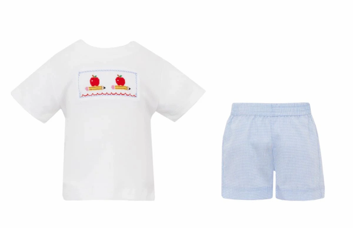 FormFitting Cut Apples & Pencils Boy's Short Set | Lt Blue Gingham