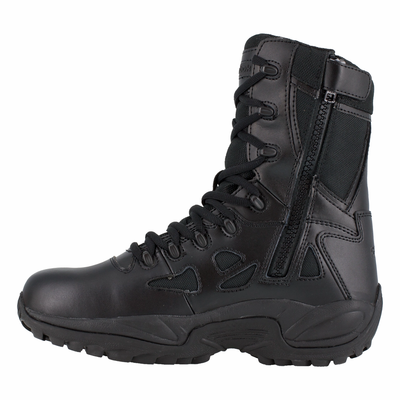 Impact Dispersion synthetic trail sneakers Reebok Work Rapid Response Waterproof RB RB8877 Men's 8" Stealth Boot with Side Zipper in Black