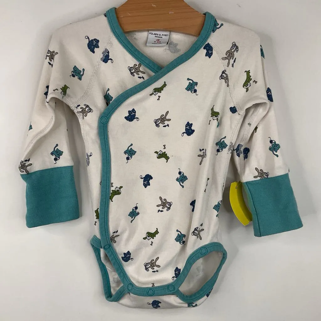 Classy Size 4-6m: Polarn O Pyret White/Blue Animal Long Sleeve Onesie