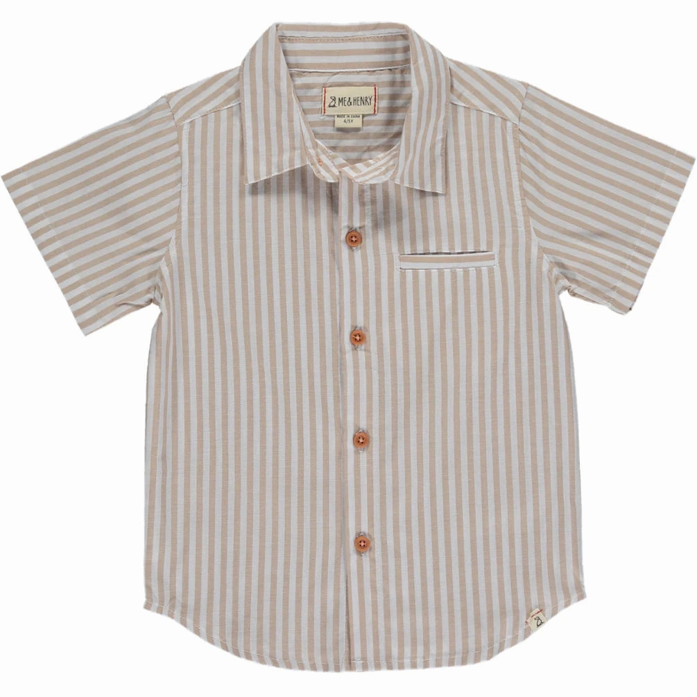 Beige White Stripe Woven Shirt MachineWashable Fabric