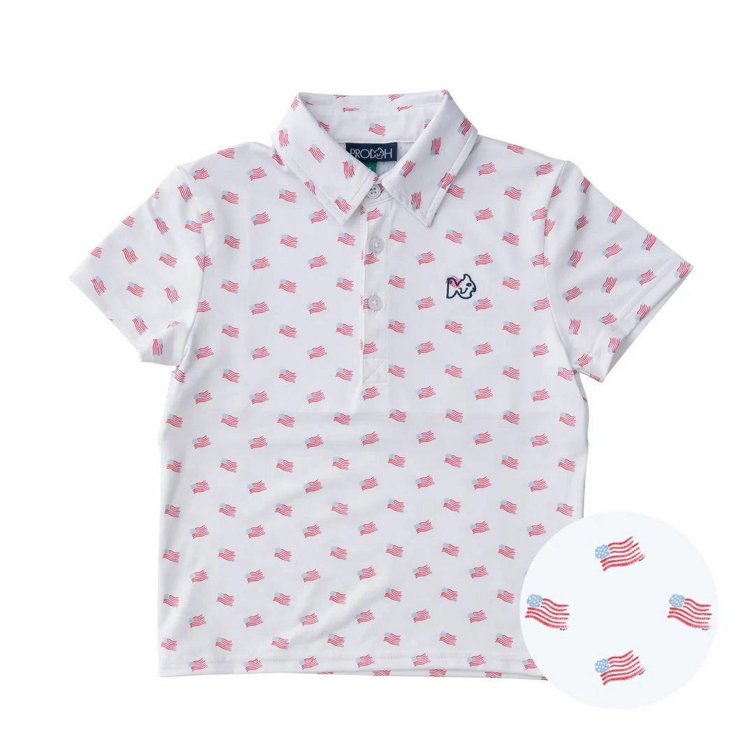 Boys Short Sleeve Pro Performance Polo in American Flag Print Simple Dress Stylish Jumper