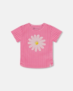 Stylish Dress Shoot Mood Crinkle Jersey Top with Flower Applique-Vichy Pink