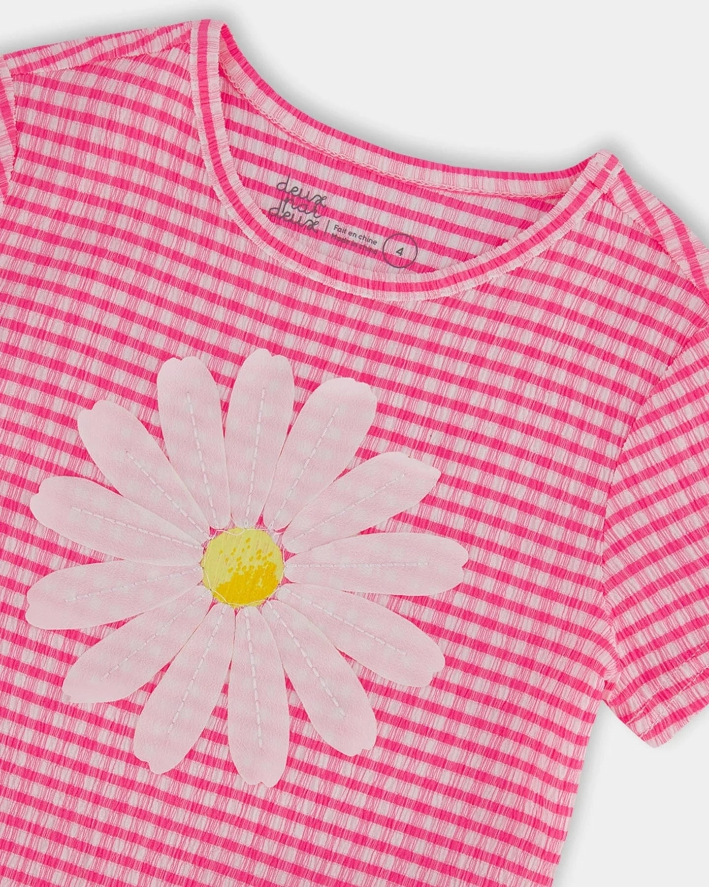 Crinkle Jersey Top with Flower Applique-Vichy Pink Durable Reinforced Edges