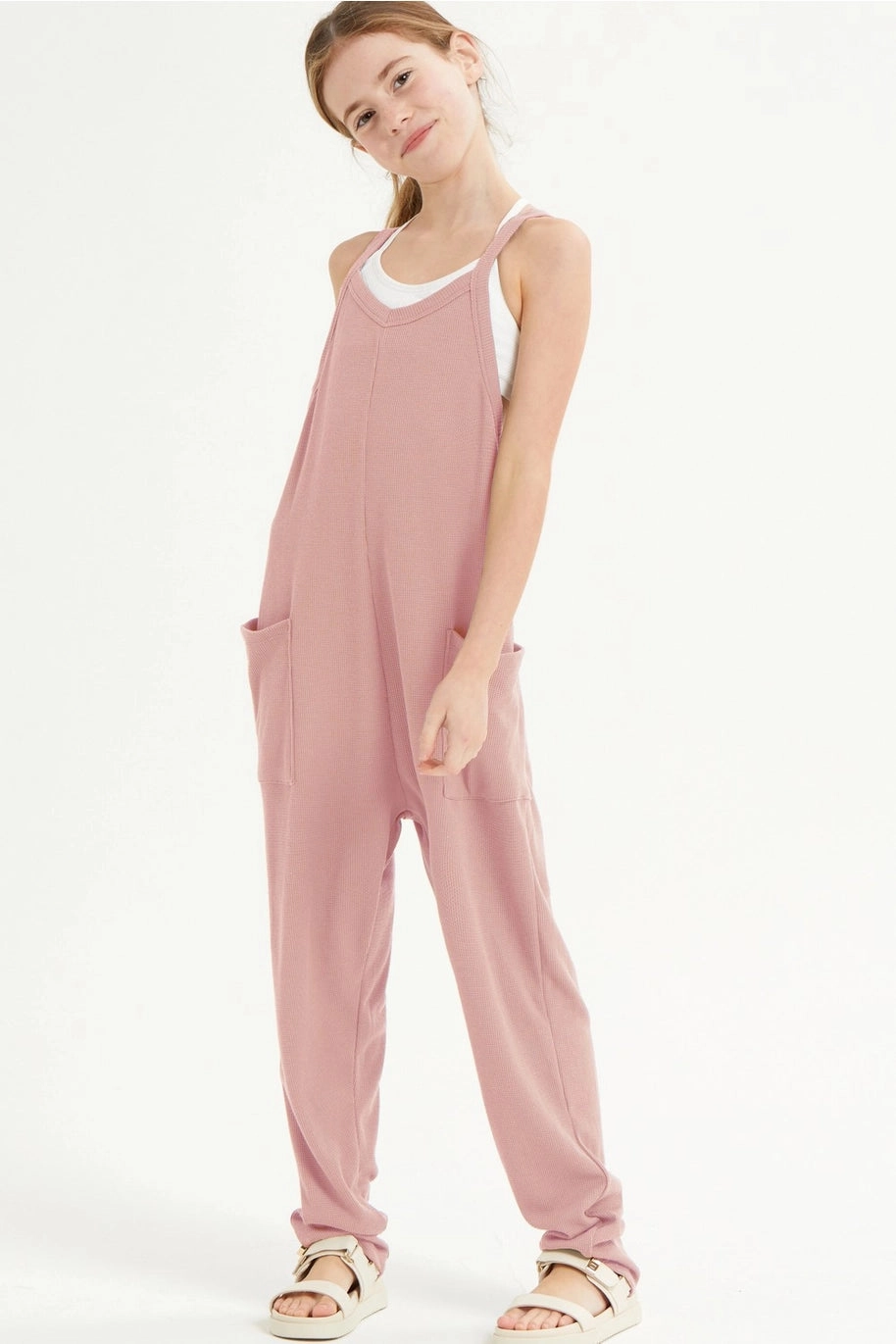 Urban Cool Drop Crotch Sleeveless Waffle Knit Jumpsuit - Dusty Pink