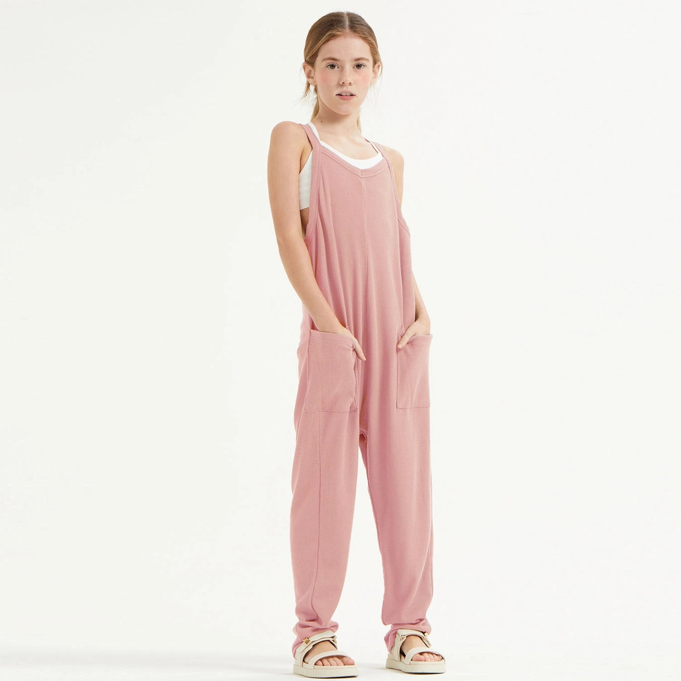 Drop Crotch Sleeveless Waffle Knit Jumpsuit - Dusty Pink Durable Reinforced Edges