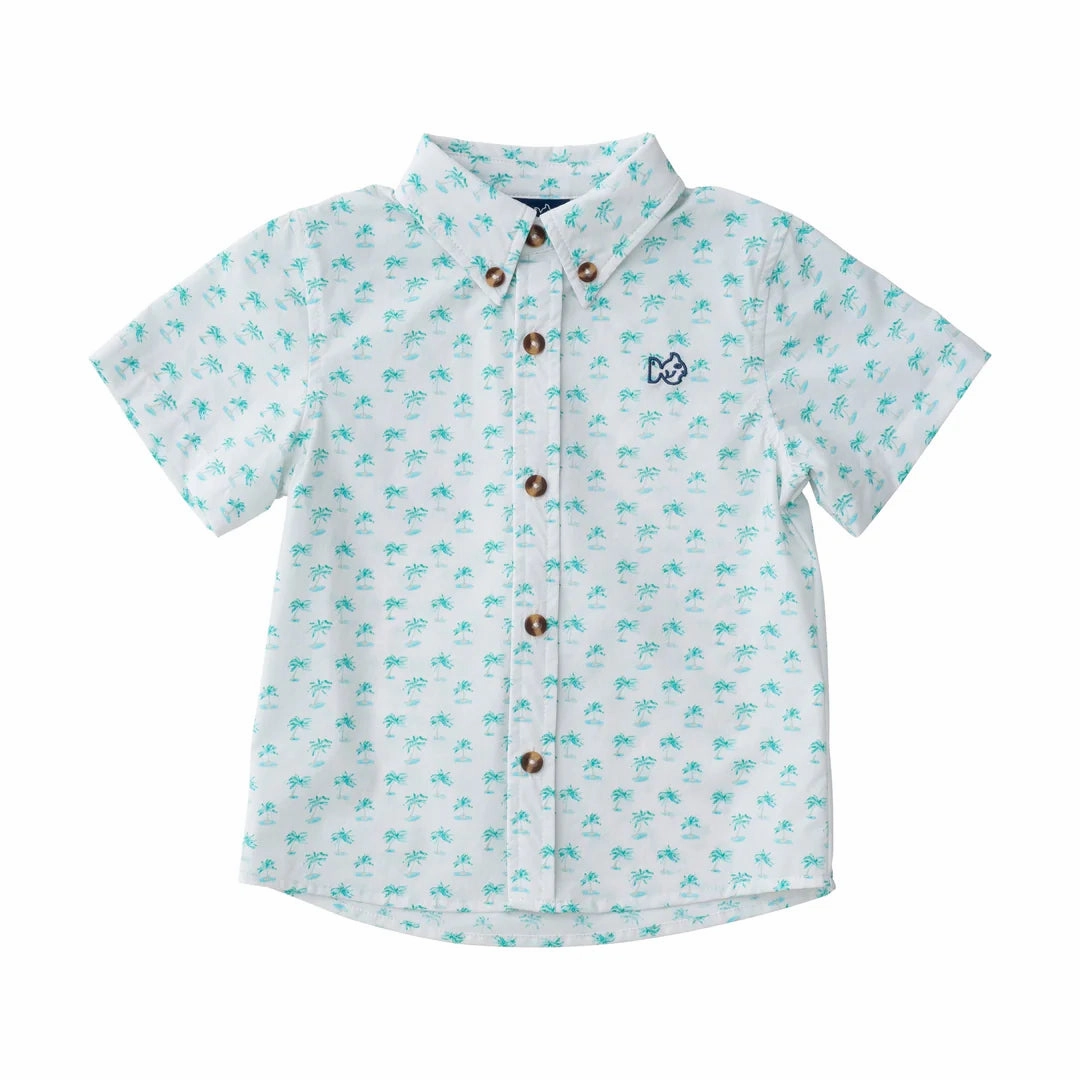 Boys' Short Sleeve Fishing Shirt in Palm Tree Print on White Reflective Safety Accents