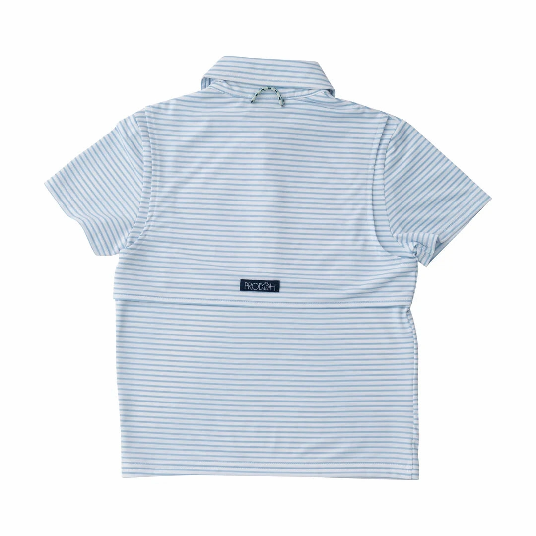 Travel Core Boys Short Sleeve Pro Performance Polo in Classic Clear Sky Blue and White Stripe