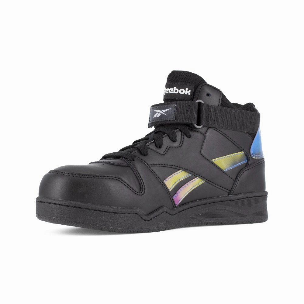 Reebok Women's High Top Bb4500 Work Sneaker Composite Toe Rb494 In Black And Holographic Spectrum Industrial Strength Footwear Industrial Footwear