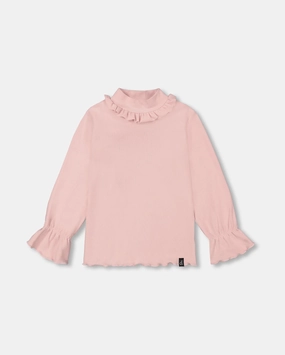 Brushed Rib Mock Neck Top w/ Frills | Silver Pink China Cool