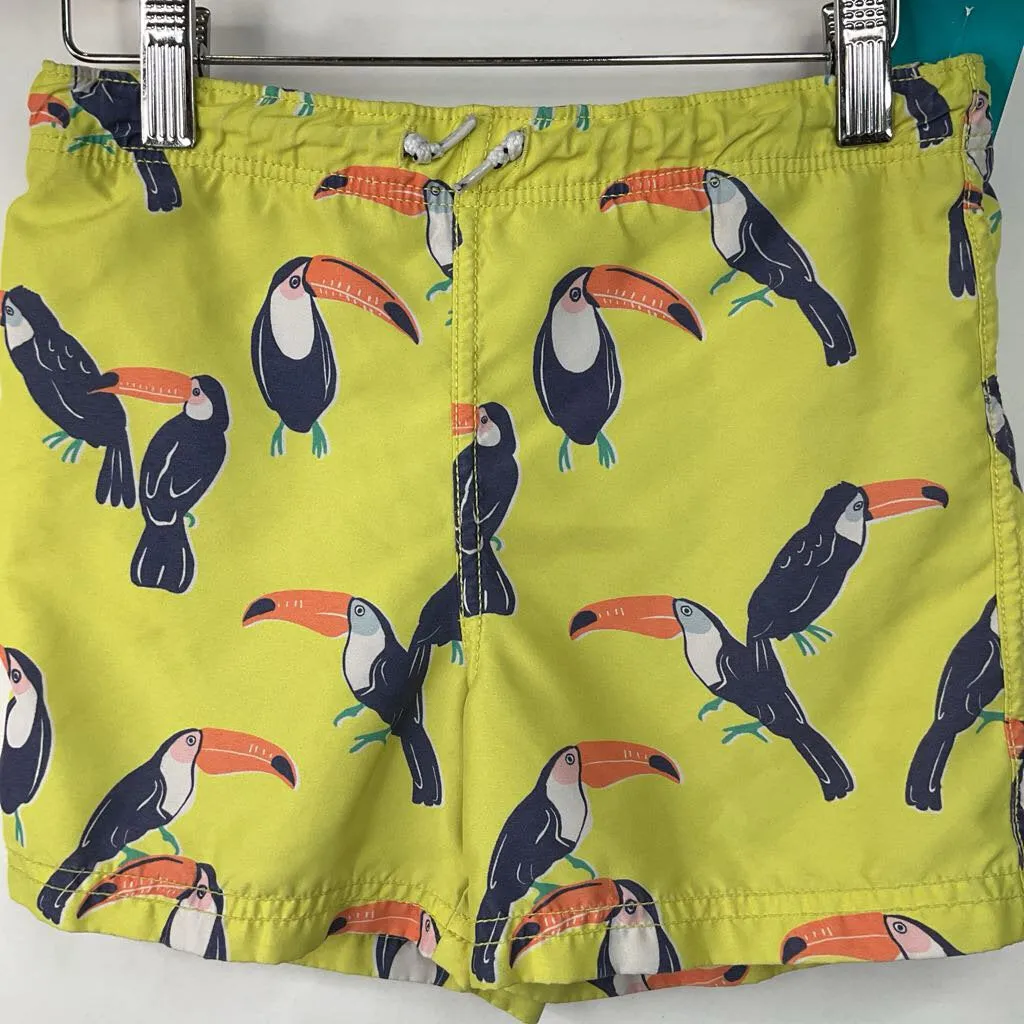 Size 4-5: Mini Boden Yellow Toucan Print Swim Trunks Metallic looking children's wear Kid's trendy wear