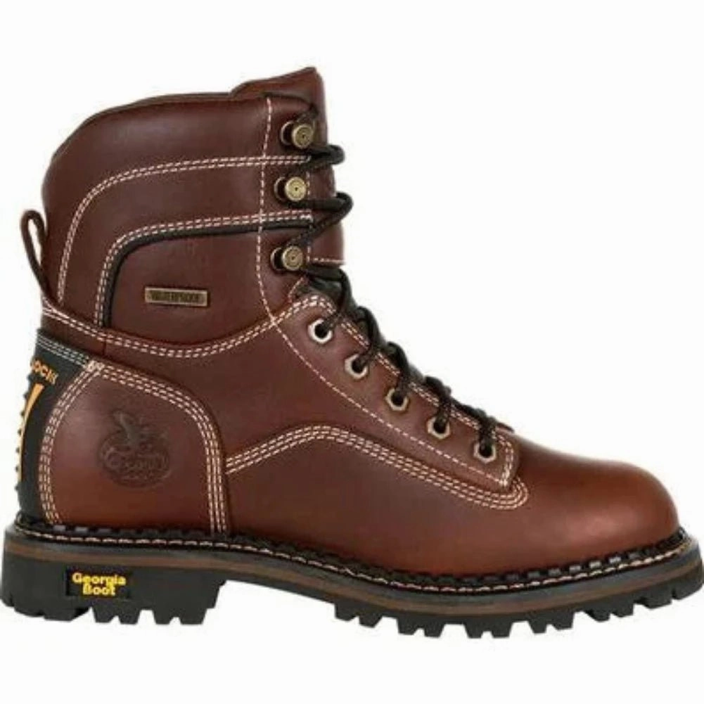 Georgia Boot Amp Lt Low Heel Logger Women's Waterproof Boots Gb00427 In Brown High Traction Urban Commute Low Profile Snowy Path