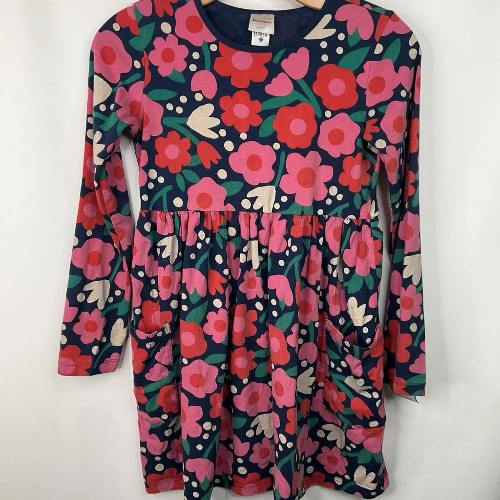 Size 12 (150): Hanna Andersson Navy/Pink Floral Long Sleeve Dress Comfort - fit