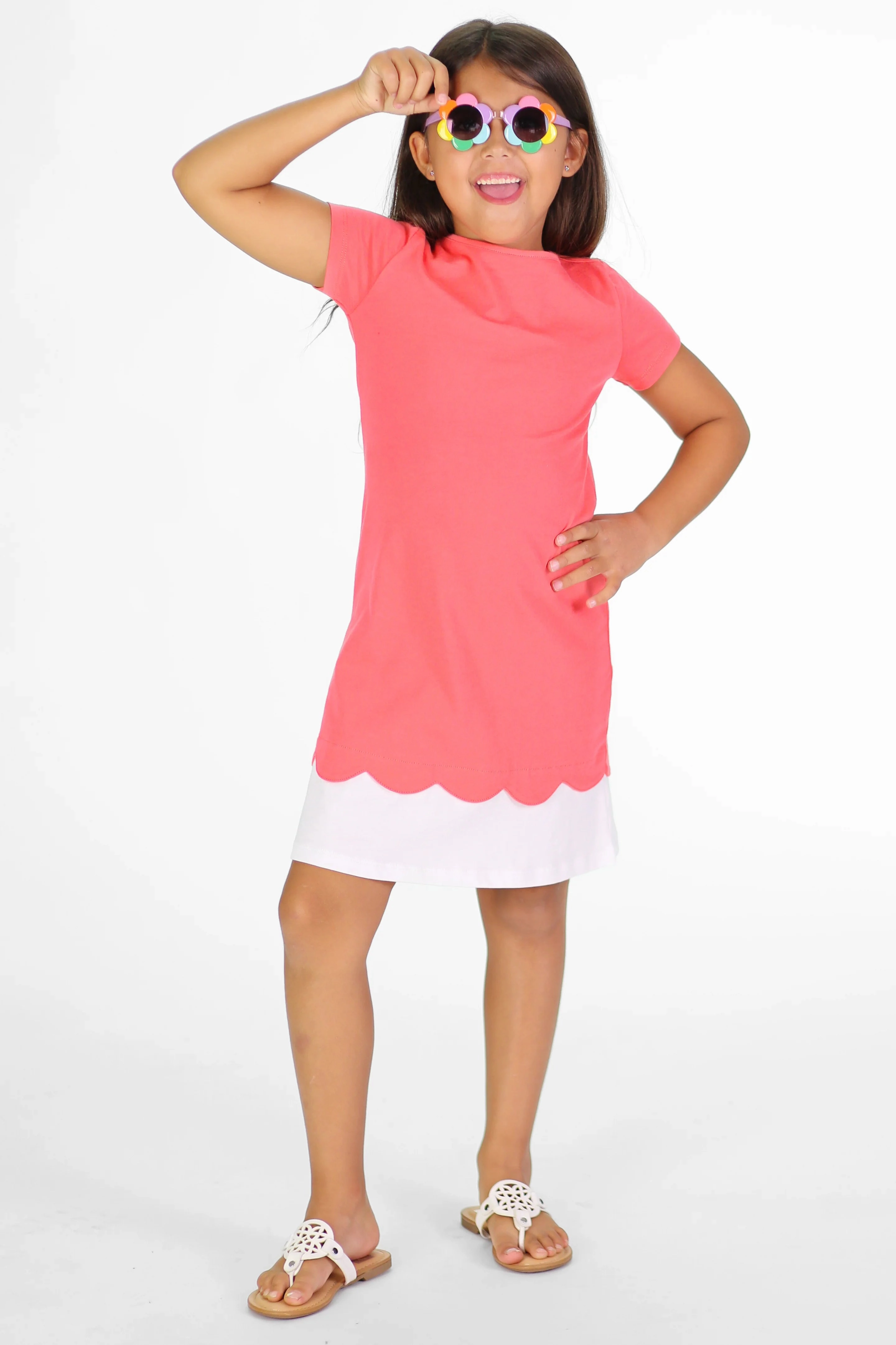 Girls Newberry Dress-Calypso Coral/White Hem AntiClingFabric LowMaintenanceMaterial