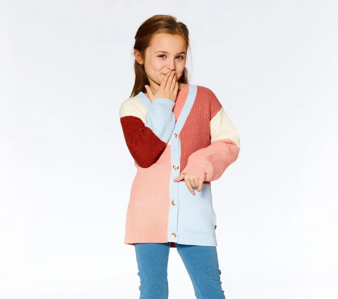 Color Block Knitted Cardigan | Salmon Pink, Sky, Terra Cotta Photo Fit Clean Fit