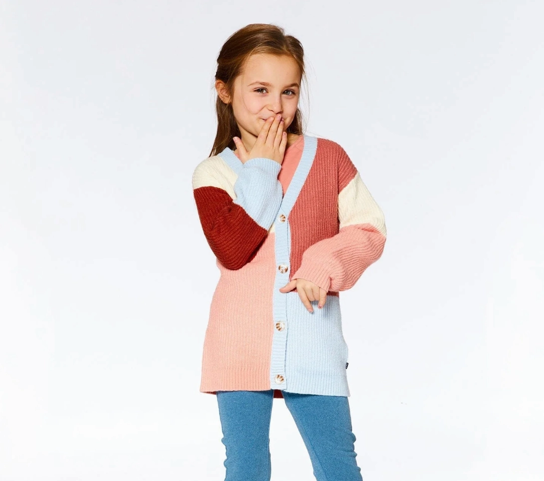 Seasonal Fashion Color Block Knitted Cardigan | Salmon Pink, Sky, Terra Cotta