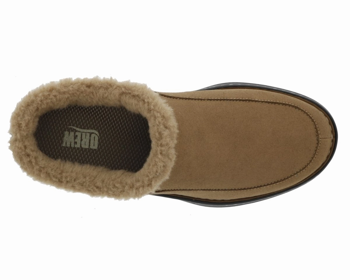 Classic Wooden Heel Drew Palmer Men Clog Shoe In Camel Microsuede