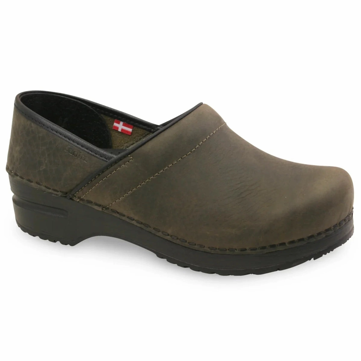 Sanita Professional Smooth Oiled Leather Women Clog In Olive Sturdy Base Thermoregulating Lining