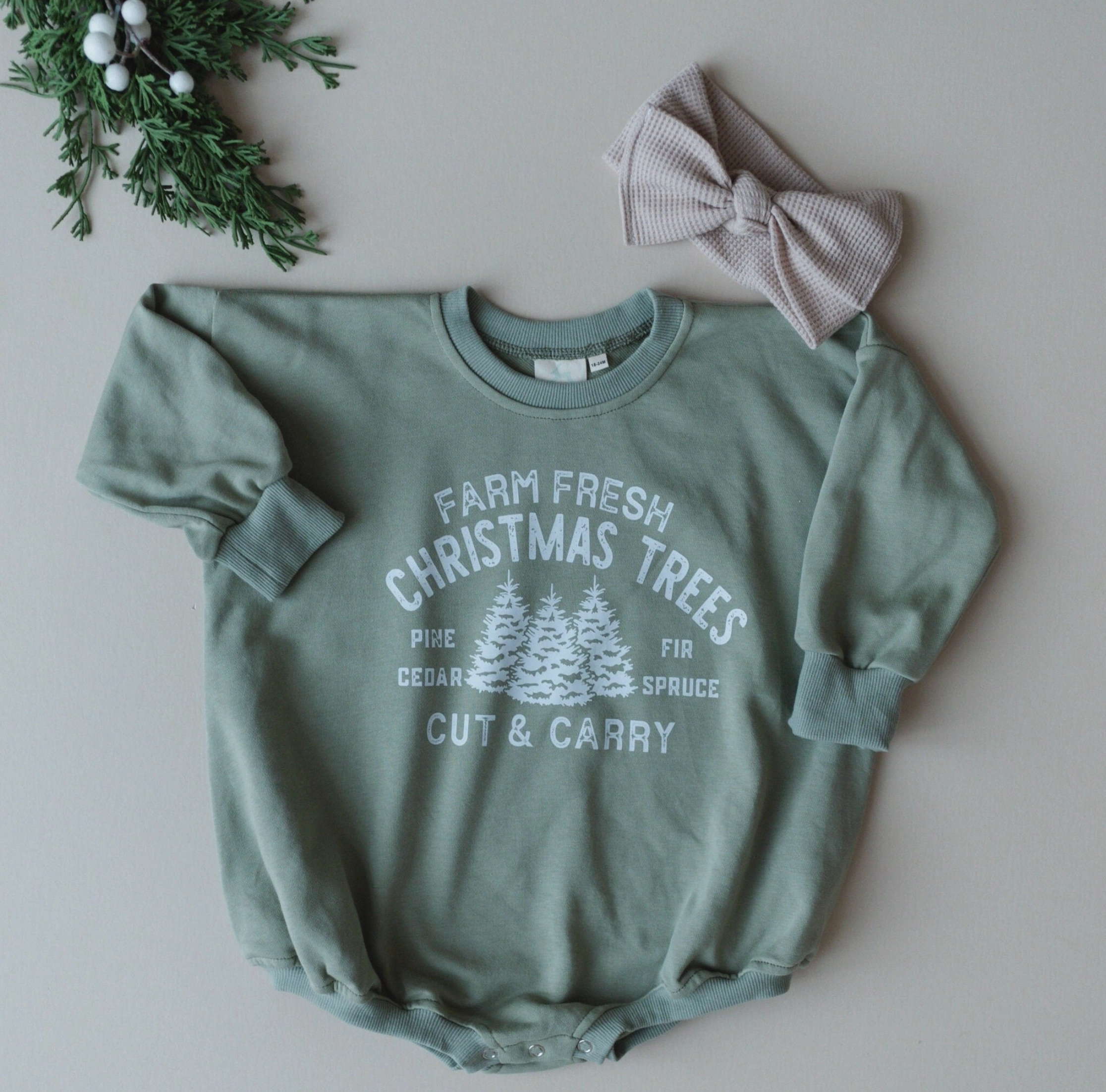 Muse Edge AbrasionResistant Farm Fresh Christmas Trees Oversized Sweatshirt Romper- Dark Sage