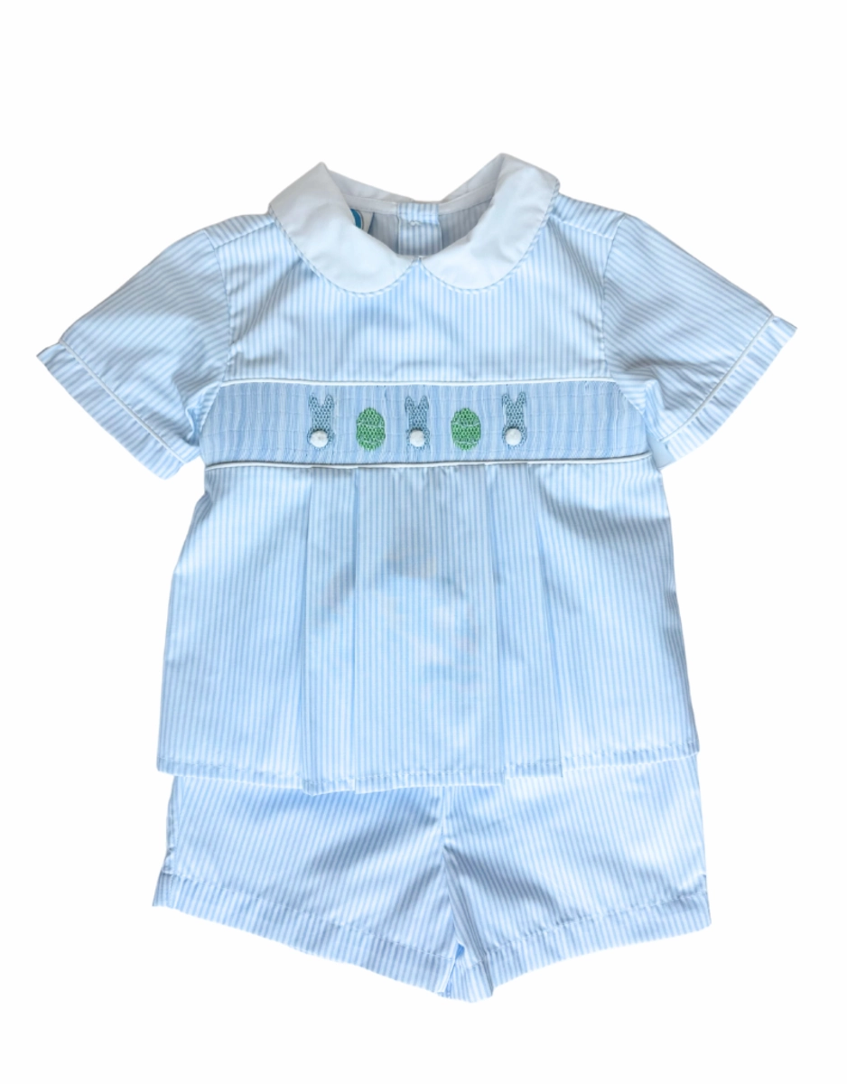 Light Blue Smocked Bunny Pleated Short Set HighDensity Weave