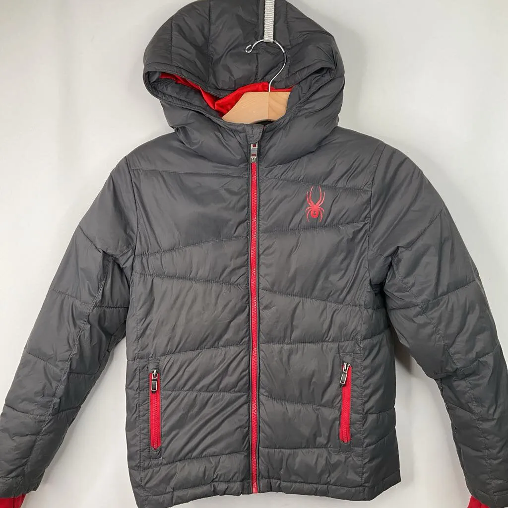 Size 8: Spyder Grey/Red Puffer Winter Coat Outdoor Adventure Wear Impact Absorbing Back Panels