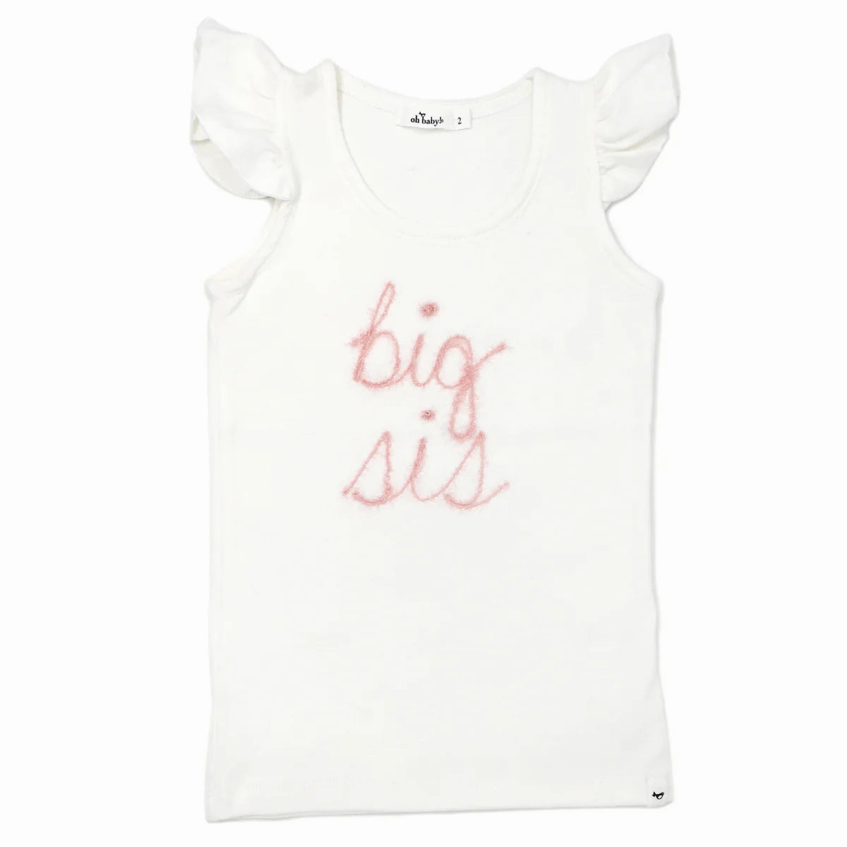 elastic waistband Eco Core Cotton Baby Rib Flutter Sleeve Tank - "big sis" Pink Embroidered - Cream