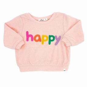 HeatReflective Lining Chic Fit Cotton Terry Boxy Sweatshirt - Rainbow "happy" Applique - Pale Pink