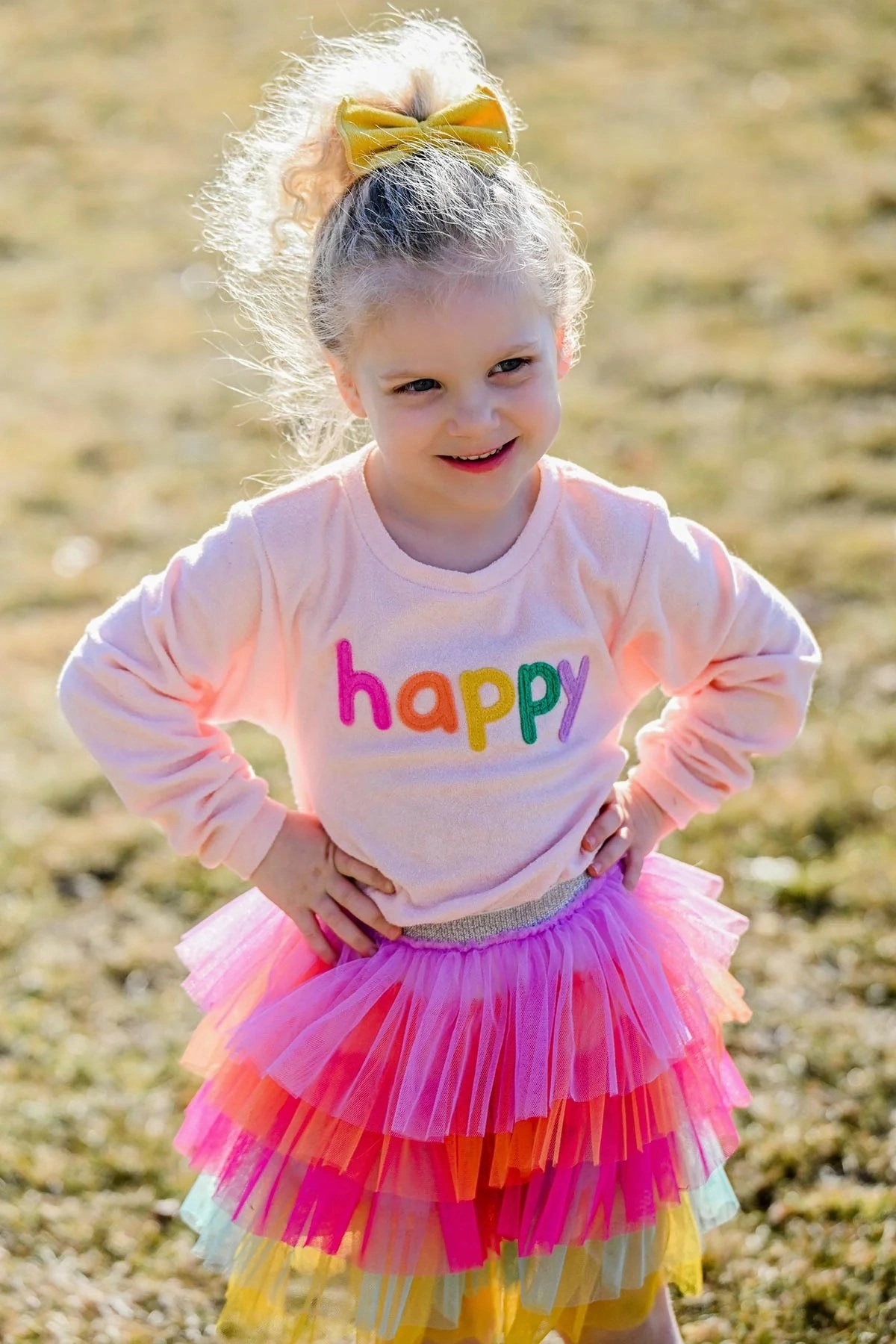 Recycled Polyester Blend Cotton Terry Boxy Sweatshirt - Rainbow "happy" Applique - Pale Pink