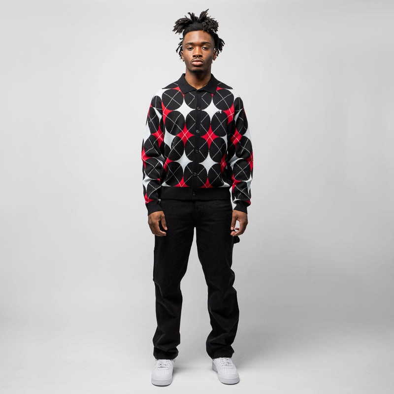 Awake NY Argyle Knit Collared Cardigan - Black Comfortable Fashion Everyday Look