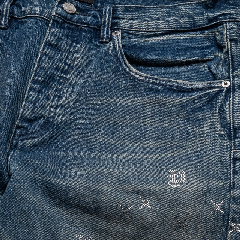 Mountain Cool Model Glow Purple Brand Mid Rise Slim Straight Leg Vintage Monogram Bling Jean - Mid Indigo