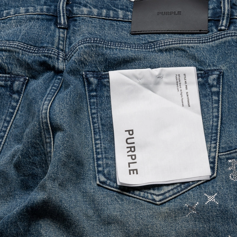 Comfortable Outfit Purple Brand Mid Rise Slim Straight Leg Vintage Monogram Bling Jean - Mid Indigo