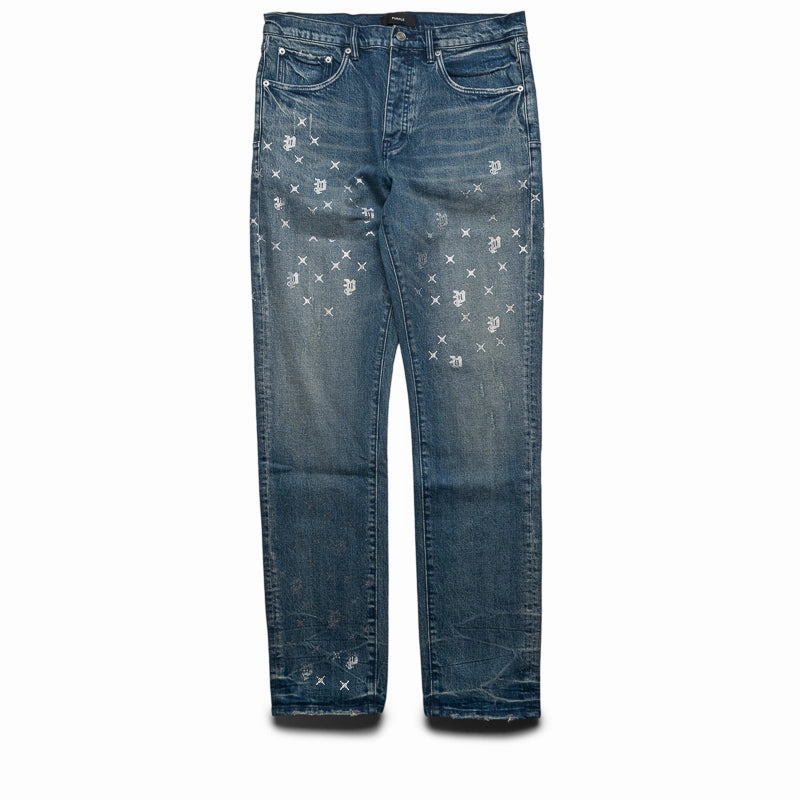 Kind Soul Soft Motion Purple Brand Mid Rise Slim Straight Leg Vintage Monogram Bling Jean - Mid Indigo