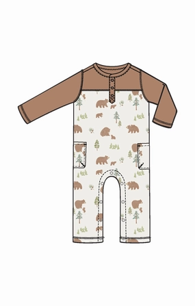 Heavy Silk Sweet Brown Bears - Romper w/ Contrast Sleeves