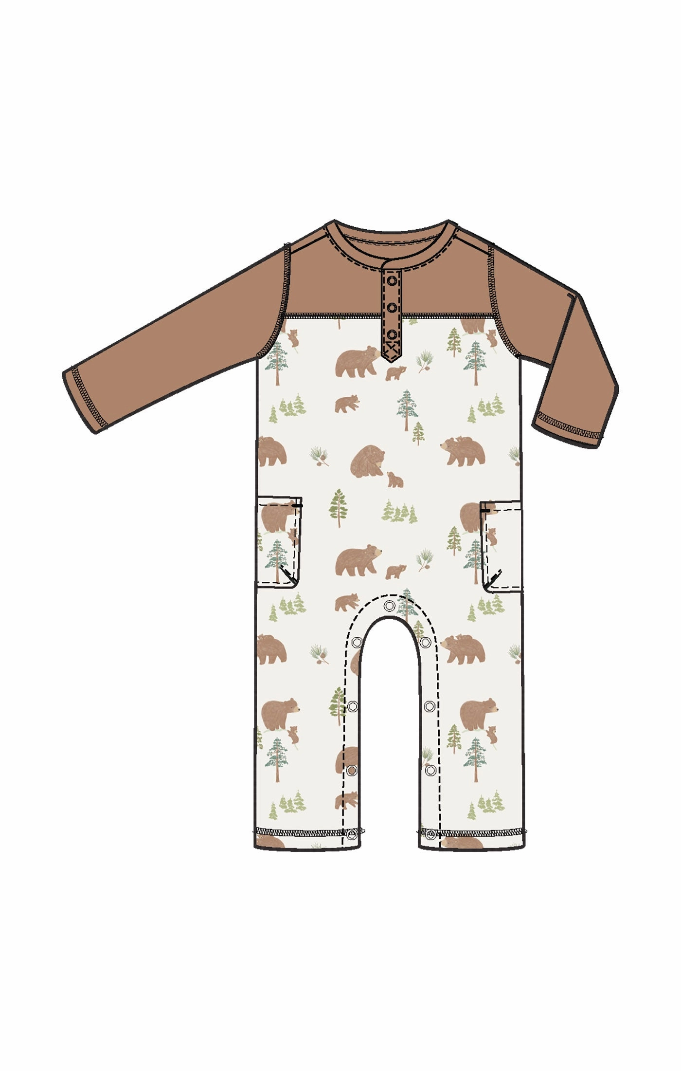 Heavy Silk Sweet Brown Bears - Romper w/ Contrast Sleeves