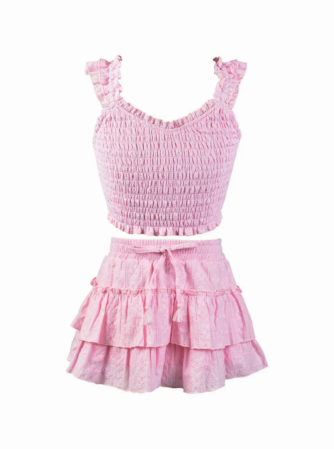 Calm Core StaticFreeLining Embroidered Eyelet Smocked Flutter Sleeves Top