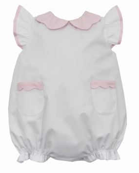 Permanent Crease Cozy Pullover White Romper w/Pink Scalloped Collar