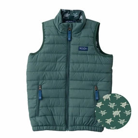 Kid's Puffer Vest in Posy Green with Sea Turtle Print Liner Late Breeze