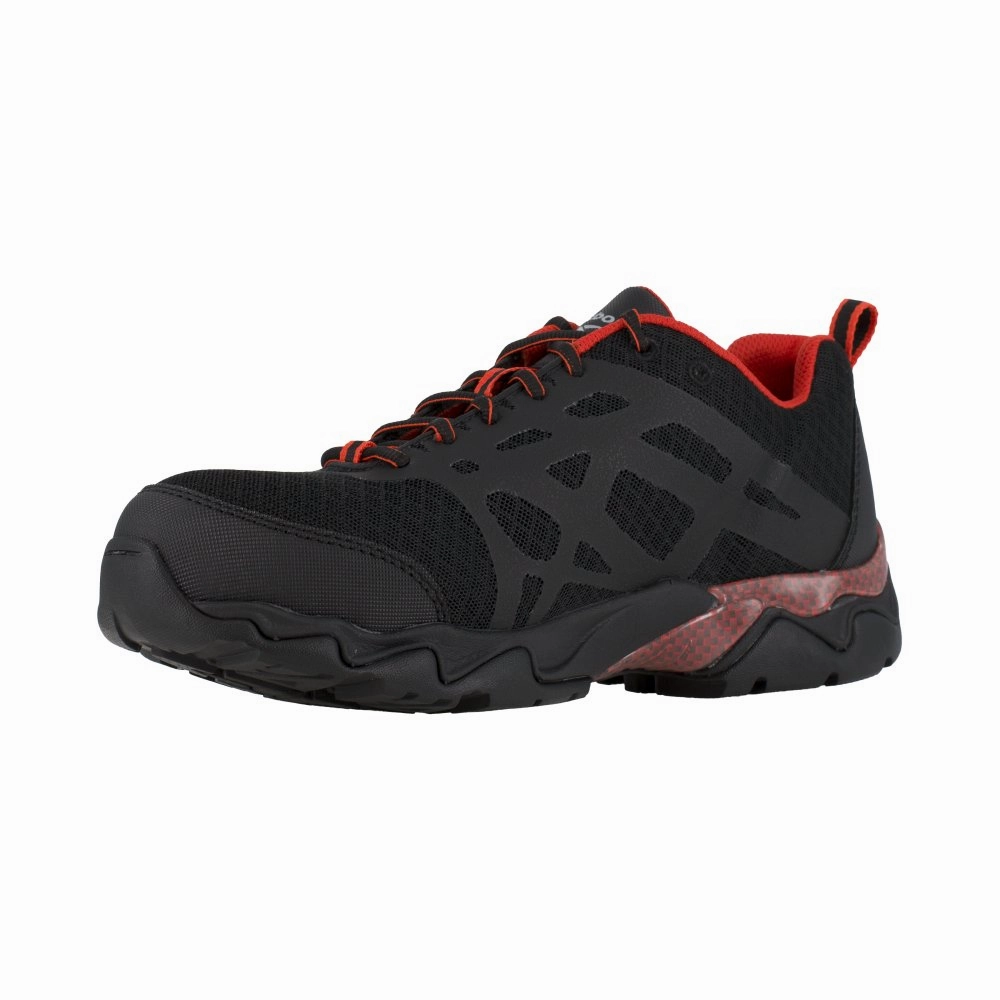 Reebok Seamless Athletic Men's Work Shoe Composite Toe Rb1061 In Black With Red Trim Arch contour hidden path shoes