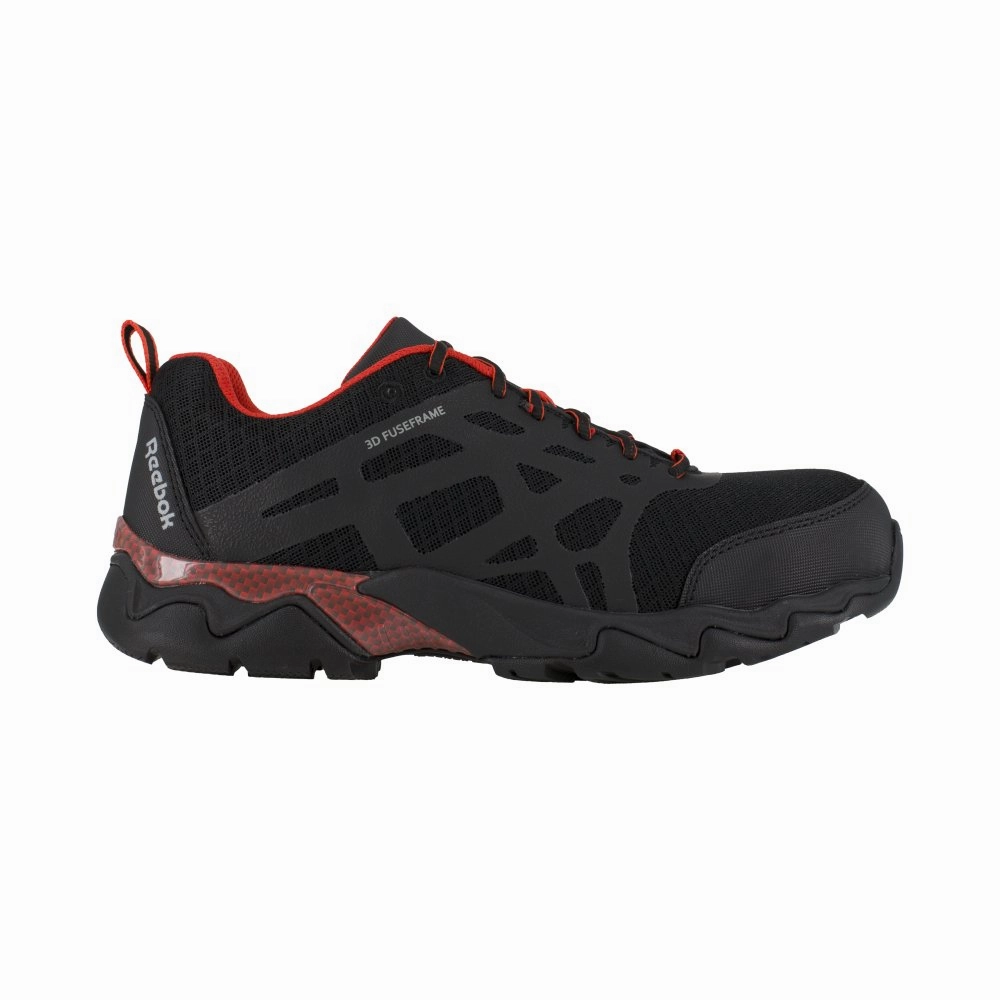 Impact Dispersion Quick Drying Reebok Seamless Athletic Men's Work Shoe Composite Toe Rb1061 In Black With Red Trim