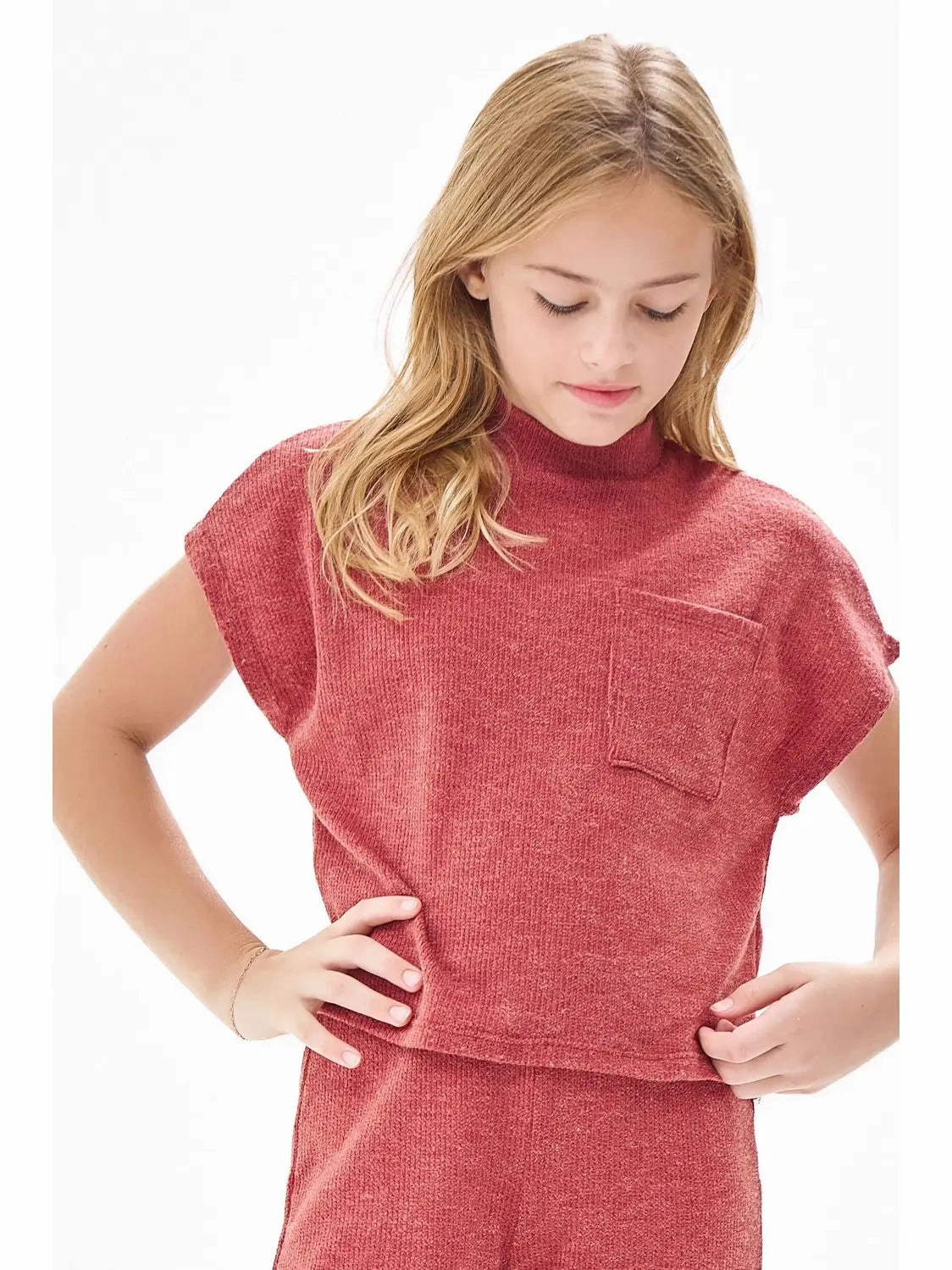 Chest Pocket Mock Neck Drop Shoulder Knit Vest | Brick NonChafe